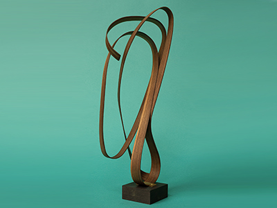 A curved wooden sculpture