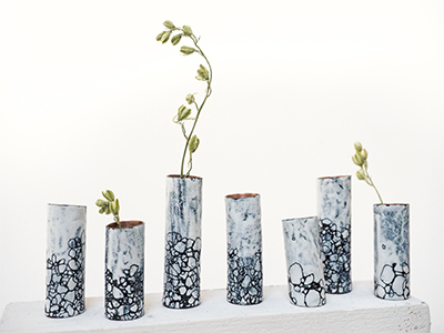 White vases with black bubble pattern