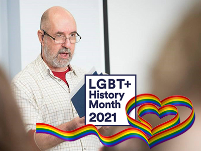A picture of Professor Gregory Woods teaching with rainbow lgbt ribbon and keywords: LGBT History Month