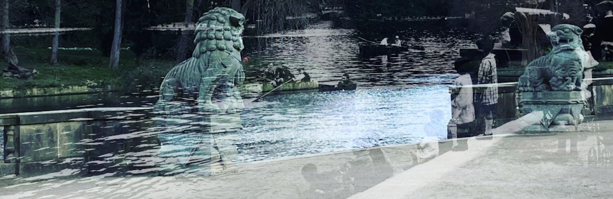 A composite of two images showing people boating on the lake, with children look on, and the Chinese lion statues standing next to the lake.