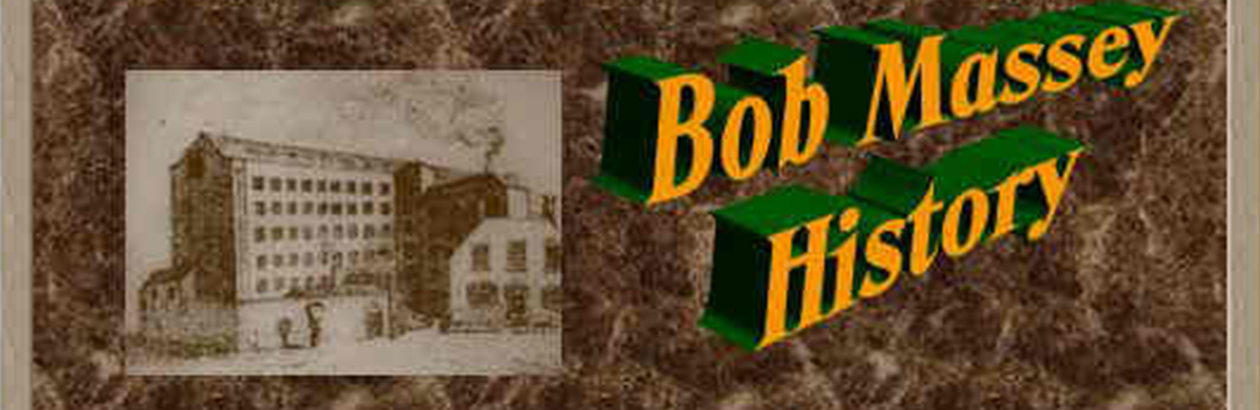 Graphic of nottingham building with words: Bob Massey History in Yellow 3D against brown background