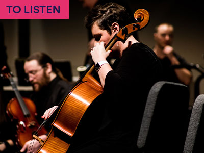 Woman playing a stringed instrument Keyword in the corner TO LISTEN