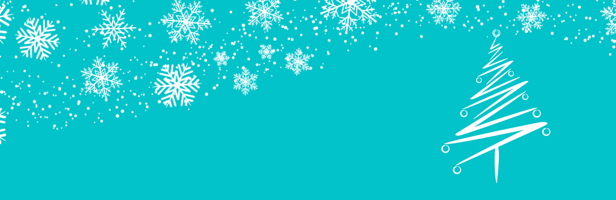 bright blue banner with snowflake and a Christmas tree on it