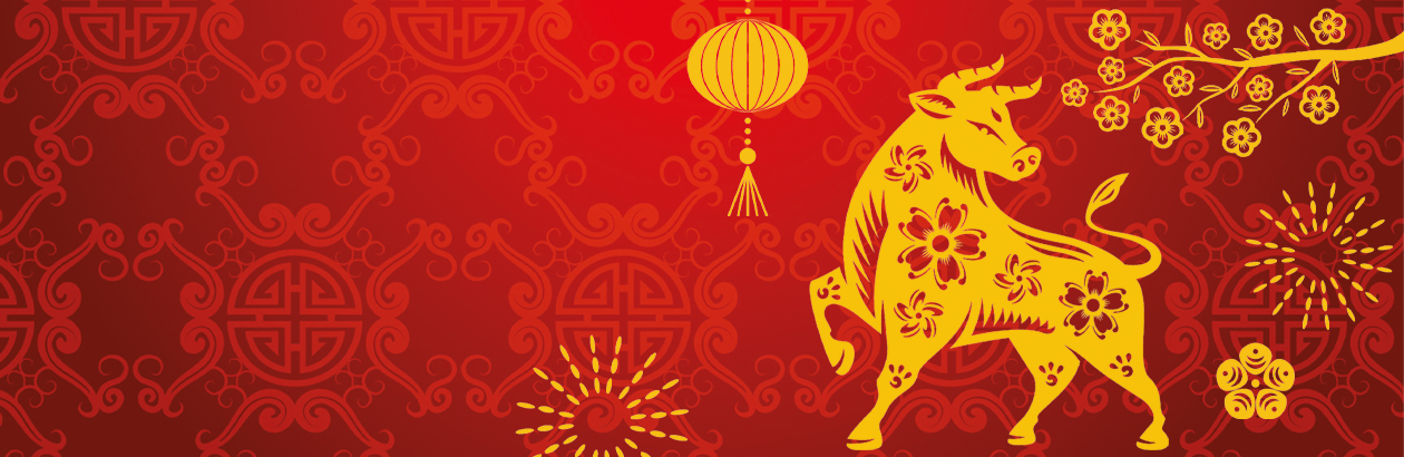 chinese symbols like lampion, flowery branch and an ox in yellow on a red background