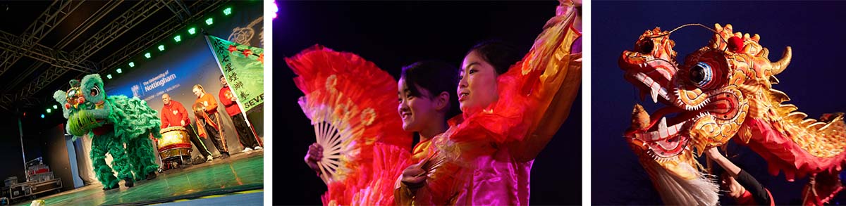 Three images of previous CNY, two images of dragons and one image of fan dancing