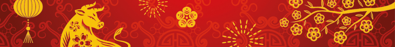 decorative strip on a red background with yellow symbols including an ox