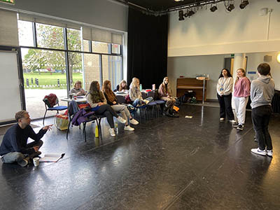 Director Nic Harvey in rehearsals with the cast of DNA