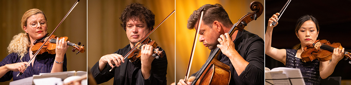 a montage of four photos of the musicians playing their instruments