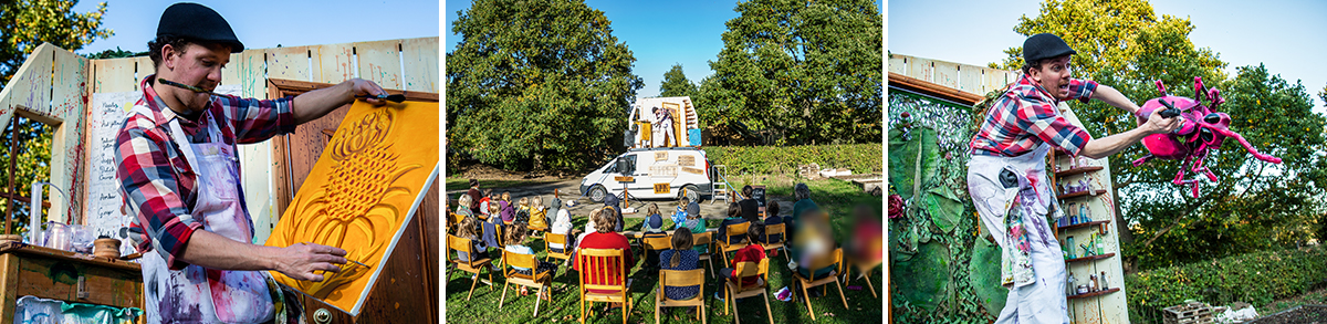 Photos of male actor from puppet van drawing holding puppet and audience watching