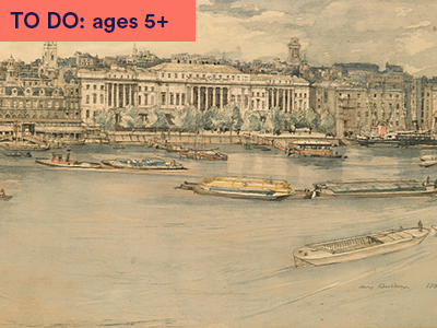 Henry Rushbury's watercolour painting of Custom House, 1932 which depicts old vision of London buildings situated on the banks of the River Thames with many long wooden boats in water.