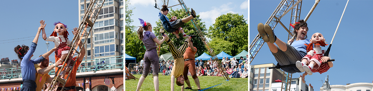 Acrobats and actors on highropes and swinging