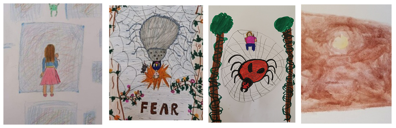 Coloured drawings by children including girl, spiders web, trees with green tops and brown house