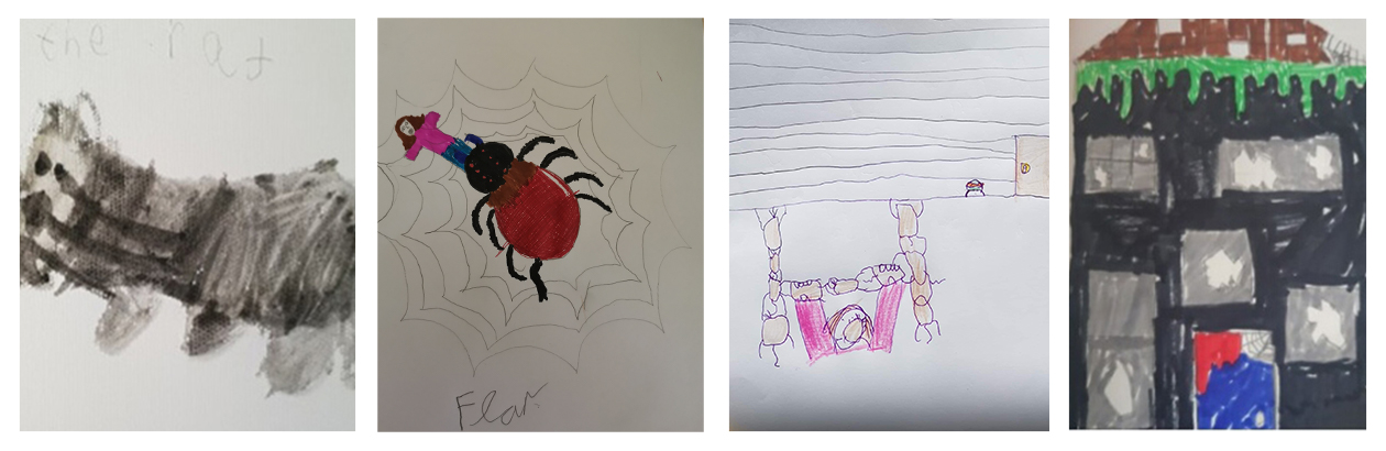 Coloured drawings by children including a mouse, spider, grey house and black house