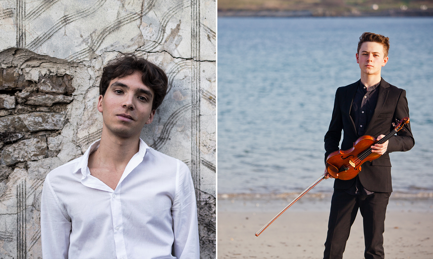 Two portraits alongside each other, of Samuel Staples (Violin) and Jonathan Ferrucci (Piano)
