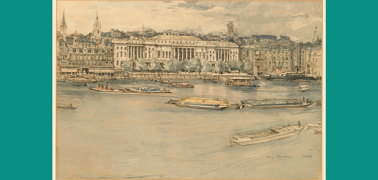 Full image of Henry Rushbury's watercolour of the urban landscape of London across the Thames with the Custom House in the middlen and boats in the foreground on the river