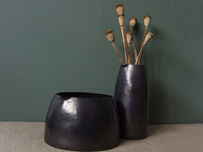 Black metal vases