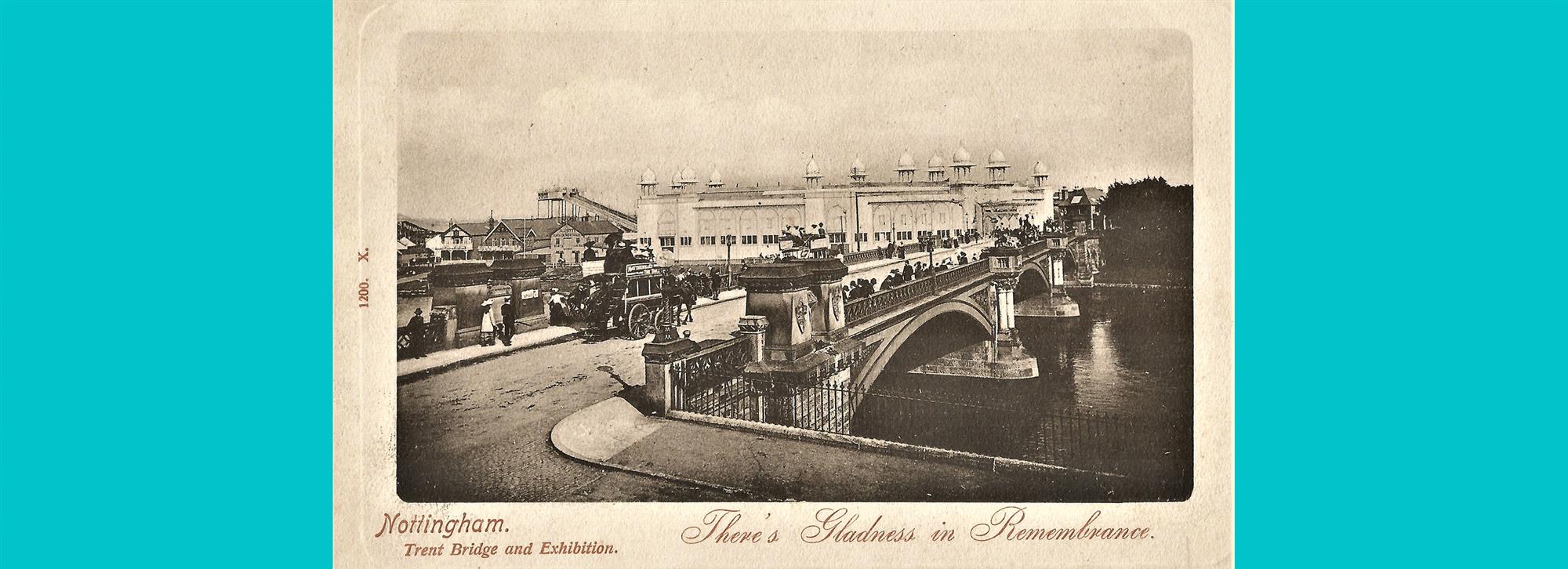 Photograph on postcard of trent bridge. Bridge across water in black and white