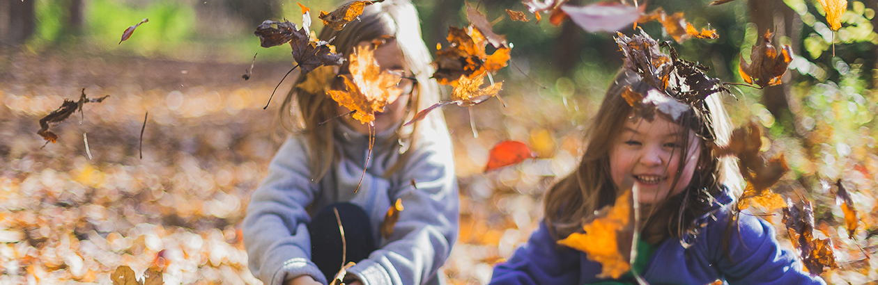 Children playing with leaves in park