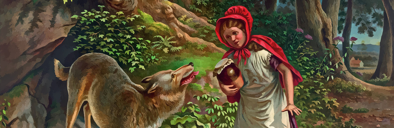 a drawing of Little Red Riding Hood in the woods talking to the wolf