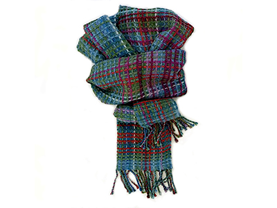 Image of a handwoven, multi-coloured scarf