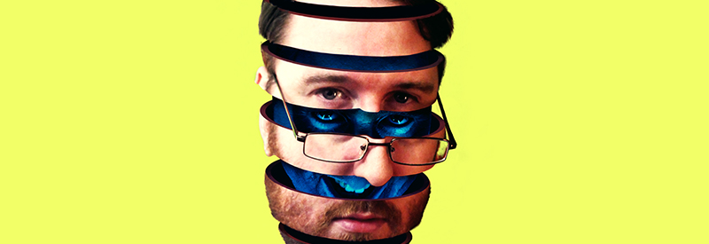 An artwork with Sean Morley's face cut in several slices on a yellow background