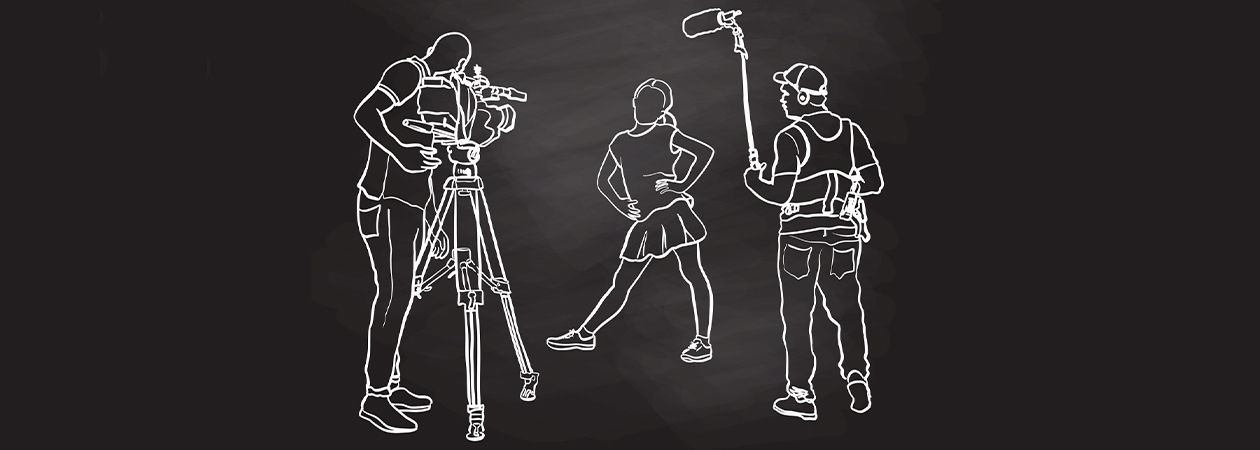 drawing on black background with the outlines of camera crew photographing a woman