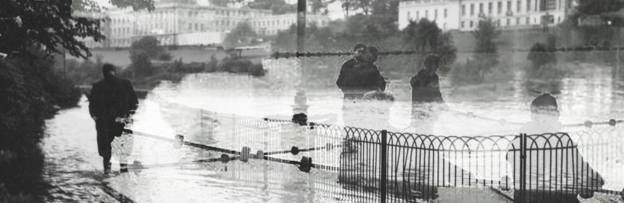 A composite of two images showing the Trent Building, University of Nottingham and people standing in front of the lake.