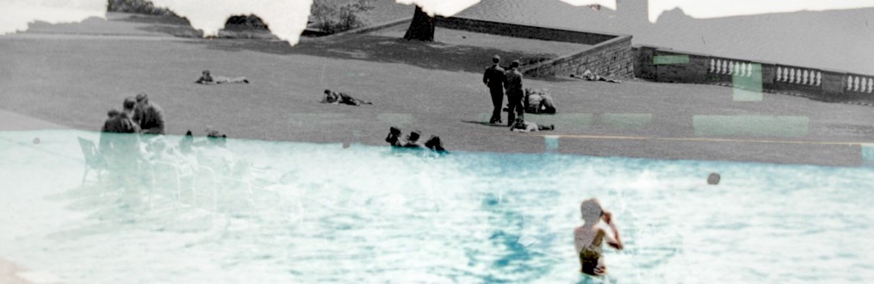 A composite of two images showing people sitting on chairs and lying on the grass in front of the Trent Building, looking out over the lake, and a boy in the water.