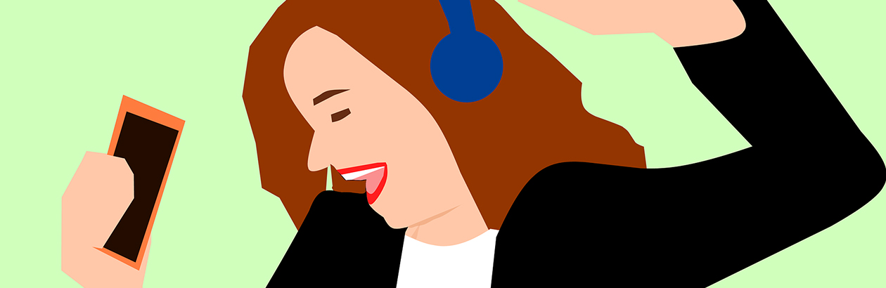 Digital block colour illustration of girl with head phones on holding a phone and singing
