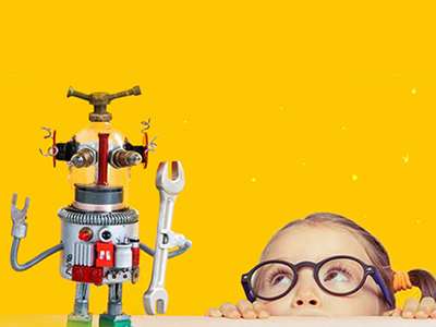 A yellow background and a child with glasses with a robot