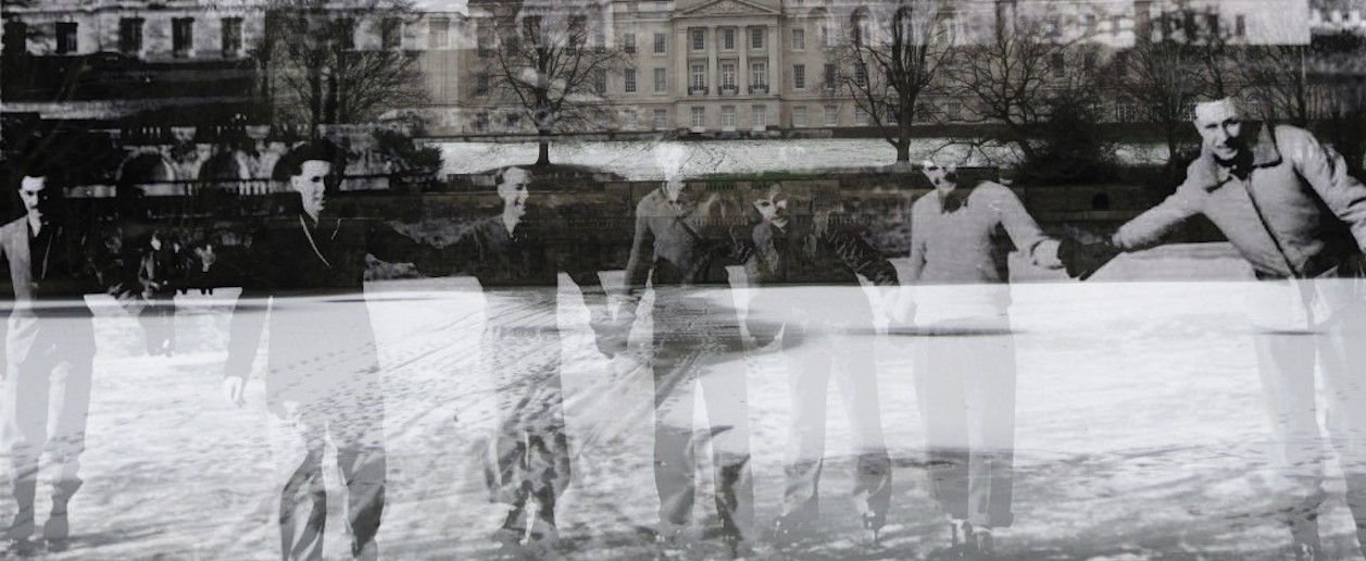 A composite of two images showing young men skating on a frozen Highfields Park lake, with the Trent Building behind.