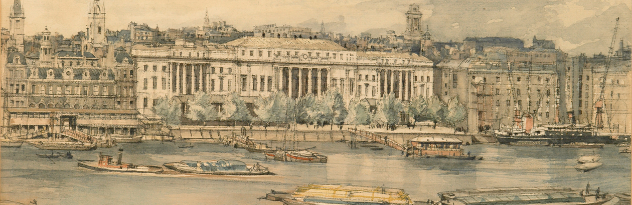 Detail of an watercolour by Henry Rushbury, a view of London from the Thames