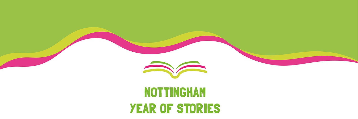 A green and pink squiggle with the words Nottingham Year of Stories 