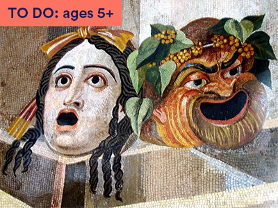 Theatre masks artwork from Roman times. Keyword TO DO: 5+