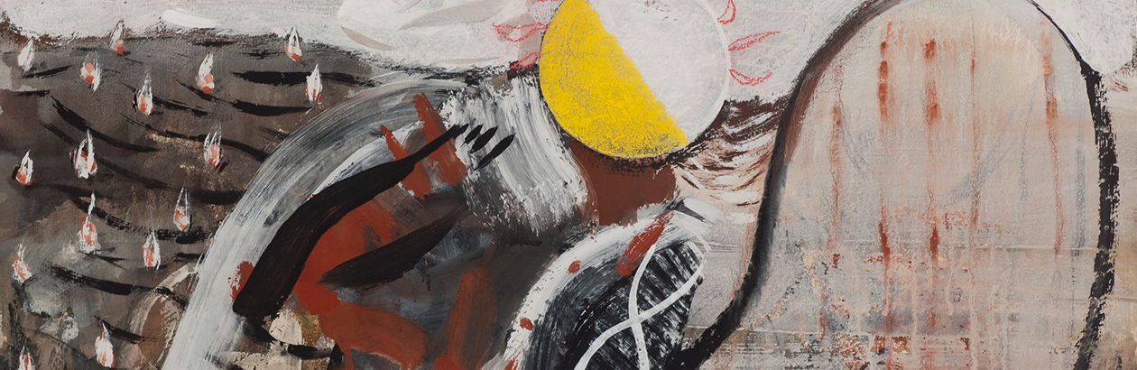 Detail of an abstract landscape by Maurice Cockrill with waving and circular forms in black, white, red and yellow