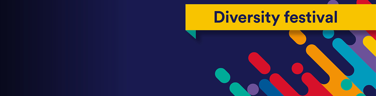 keywords: Diversity festival on yellow ribbon that covers colour blocks and a navy blue background