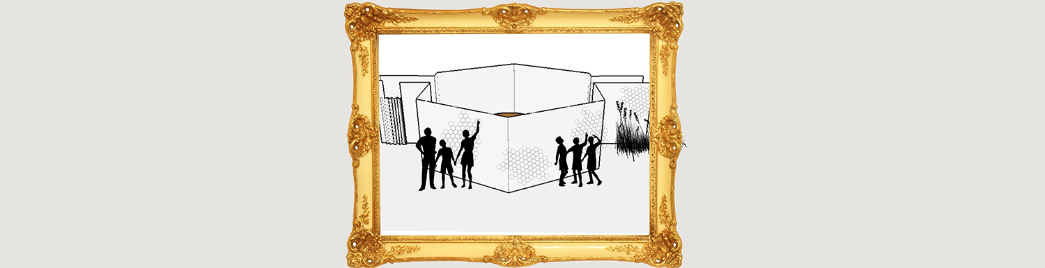 A gold photo frame with black line drawing inside
