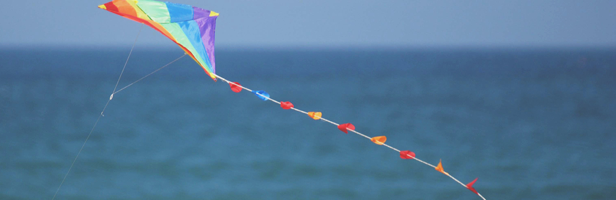Multi coloured kite in blue sky and over blue sea