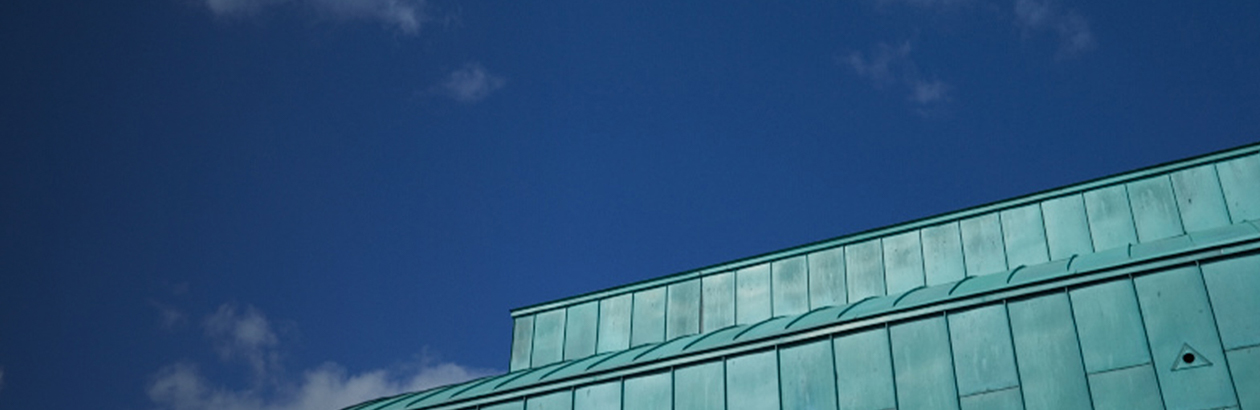 A photo of the Lakeside Arts building's roof against a blue sky