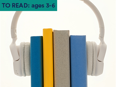 four stacked books with headphones around them. Keyword in the corner FOR FAMILIES