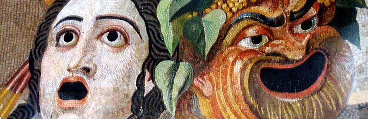 Painting of traditional masks. On left is lady with gasping expression and on right is a joker